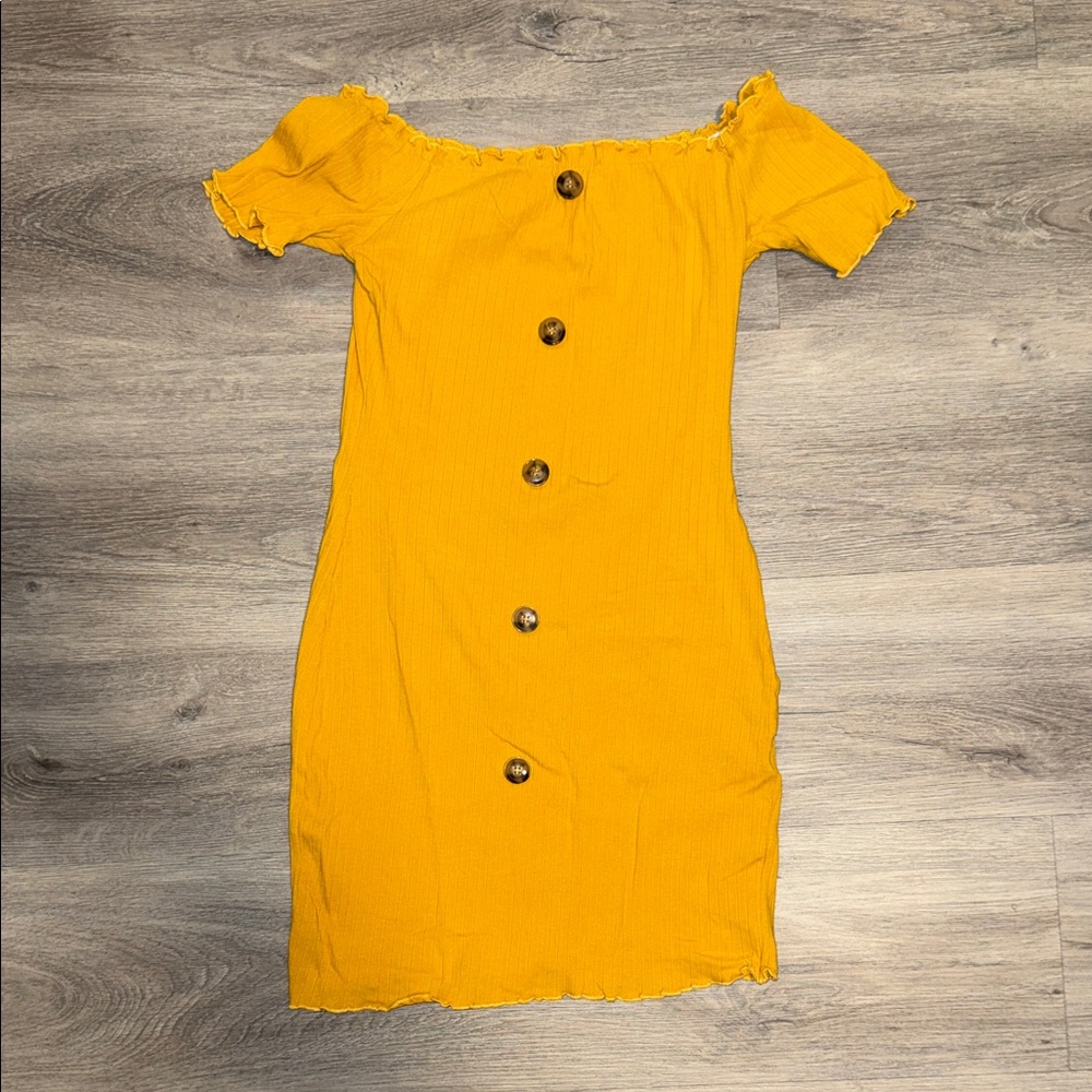Yellow Off-Shoulder Faux Button Dress